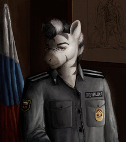 anthro army army_clothing army_outfit army_uniform clothed clothed_anthro clothed_male clothing ears_up eyewear glasses inside looking_at_viewer male military_jacket military_uniform officer orange_eyes russia russian russian_federation russian_flag solo stripes text uniform wearing_glasses reynard_goodfellow equid equine mammal zebra absurd_res cyrillic_text hi_res russian_text