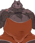 anthro belly body_hair bulge chest_hair detailed_bulge facial_hair genital_outline hairy humanoid_hands male moobs nipples overweight overweight_male penis_outline red_wrestling_singlet simple_background solo white_background wrestling_singlet motogen s_h_bear bear mammal 2021