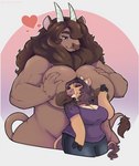 2_horns anthro belly big_breasts big_hair blue_eyes boob_hat breast_grab breast_size_difference breast_squish breasts brown_body brown_fur brown_hair brown_nose brown_skin clothed clothed/nude clothed_anthro clothed_female clothing cuddling curled_hair duo eyes_closed female fingers fluffy fur gradient_background hair hair_over_eye hand_on_breast heart_symbol holding_breast hooved_fingers hooves horn huge_breasts humanoid_hands inverted_nipples larger_female lips looking_down makeup mane mane_hair muscular muscular_anthro muscular_arms nipples nude nude_anthro nude_female one_eye_obstructed relaxing simple_background size_difference smaller_female smile squish standing wavy_hair wide_hips cashmeremoo european_mythology greek_mythology mythology cashmere_(cashmeremoo) urga_(a_small_tool) bovid bovine cattle highland_cattle mammal minotaur 2022 colored digital_media_(artwork) hi_res shaded