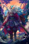 anthro blue_hair clothed clothing detailed_background female fluffy fluffy_hair fur hair horn solo teeth weapon white_body white_fur white_hair plive amaverse asian_mythology east_asian_mythology japanese_mythology mythology ikaika chimera demon kimera oni yokai absurd_res hi_res