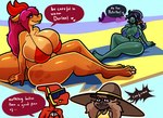 1_eye anthro beach big_breasts bikini blue_body blue_hair blue_skin blush breasts brown_body clothing female fingers fur group hair huge_breasts looking_at_viewer open_mouth orange_body outside sand seaside size_difference sky smile swimwear tail text thick_thighs tongue two-piece_swimsuit water kiss_the_carrot mythology nintendo pokemon cherry_(bds) dorian_(bds_charmeleon) koi_(kiss_the_carrot) petra_(kiss_the_carrot) canid canine canis charmeleon dragon generation_1_pokemon generation_7_pokemon magnemite mammal mythological_creature mythological_scalie pokemon_(species) rockruff scalie absurd_res digital_media_(artwork) english_text hi_res shaded