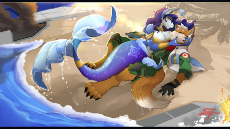 anthro arm_around_head arwing beach big_breasts blue_body blue_eyes blue_fur blue_hair blue_scales blue_tail breasts brown_body brown_fur canon_couple cleavage clothed clothed_anthro clothing countershading crashed_ship digitigrade dipstick_tail duo female fire fur gloves green_clothing green_eyes hair handwear heart_symbol hug jacket lens_flare long_hair lying lying_on_top male male/female markings membrane_(anatomy) mermaid_tail on_back scales sea smoke split_form tail tail_markings topwear water webbed_hands wet white_body white_countershading white_fur white_hair roxlyde nintendo star_fox fox_mccloud krystal_(star_fox) aquatic canid canine fox mammal merfolk 16:9 2026 absurd_res hi_res letterbox widescreen