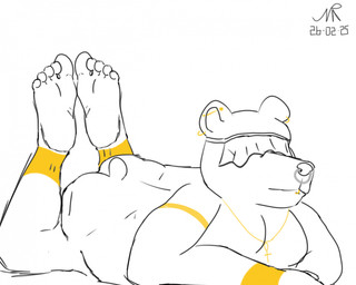 5_toes ankh anklet anthro belly big_belly big_butt bracelet butt covered_eyes ear_piercing facial_piercing feet foot_fetish foot_focus gold_(metal) gold_anklet gold_bracelet gold_jewelry guard industrial_piercing jewelry lip_piercing lying male moobs necklace nose_piercing nose_ring nude on_front overweight pendant piercing ring_piercing septum_piercing septum_ring short_tail solo tail toes veil veiled phallosola bear mammal ursine hi_res