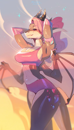 anthro athletic athletic_female back_wings bodily_fluids body_gem bottomwear bra breasts clothing curvy_figure female gem glistening glistening_body hair hands_behind_head horn hotpants light long_hair multicolored_body navel non-mammal_breasts non-mammal_navel pink_hair raised_arms shorts sky slim solo sparkles sports_bra sportswear sunlight sweat two_tone_body underwear walking wings ulitochka mythology dragon mythological_creature mythological_scalie scalie 2023 absurd_res dated digital_media_(artwork) hi_res watermark