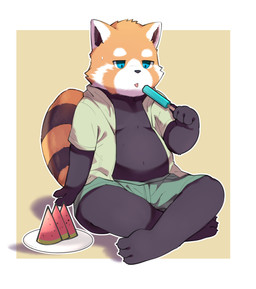 anthro belly black_body black_nose blue_eyes bottomwear clothed clothing food fruit kemono male melon open_clothing open_shirt open_topwear orange_body overweight overweight_male plant popsicle shirt shorts simple_background sitting solo topwear watermelon watermelon_slice yed ailurid mammal red_panda 2020 absurd_res hi_res