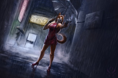5_fingers ankle_boots anthro biped black_nose boots breasts brown_hair building city clothed clothing countershade_face countershade_fur countershade_neck countershading detailed_background dress dutch_angle ears_front eyebrows eyewear female fingers fluffy fluffy_tail footwear front_view fur glasses gun hair handgun high_heeled_boots high_heels holding_gun holding_handgun holding_object holding_pistol holding_ranged_weapon holding_umbrella holding_weapon inner_ear_fluff logo medium_breasts medium_hair mouth_closed neon_lights neon_sign night orange_body orange_fur outside pistol plantigrade pointy_ears pose prick_ears raining ranged_weapon red_clothing red_dress shoes side_boob sign smoking_gun snout snout_from_the_front solo standing street tail text tuft umbrella weapon wet wet_clothing white_body white_countershading white_fur jadedragoness kiri_taggart_(cybervixn) canid canine canis fox mammal red_fox true_fox 2017 artist_logo digital_media_(artwork) digital_painting_(artwork) full-length_portrait japanese_text painting_(artwork) portrait shaded