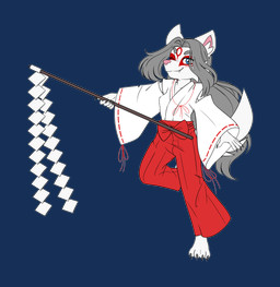 anthro asian_clothing biped breasts cheek_tuft claws clothed clothing cute_fangs dancing east_asian_clothing eyebrows facial_markings facial_tuft fangs female fur grey_hair hair head_markings holding_object inner_ear_fluff japanese_clothing long_hair looking_at_viewer markings miko_outfit on_one_leg one_eye_closed pink_nose red_markings small_breasts solo standing teeth toe_claws tuft white_body white_fur wink young young_anthro young_female pucco canid canine canis mammal wolf 2025 alpha_channel hi_res