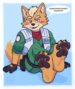 4_toes anthro barefoot belt black_claws black_pawpads blue_background blush claws clothing feet feet_up flight_suit foot_focus gloves handwear looking_at_viewer male pawpads paws plantigrade scarf simple_background sitting smile smiling_at_viewer smirk smirking_at_viewer soles solo speech_bubble text toes topwear utility_belt vest cosmocidrr nintendo star_fox fox_mccloud canid canine fox mammal 2026 digital_media_(artwork) english_text hi_res
