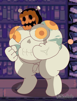 areola balls big_areola big_nipples butt empty_eyes flaccid for_a_head genitals humanoid_genitalia male moobs multicolored_body nipples nude orange_nipples overweight penis pumpkin_head smile solo tail thick_thighs two_tone_body white_body ch4mm0zotz deltarune undertale_(series) jackenstein darkner humanoid monster object_head absurd_res hi_res