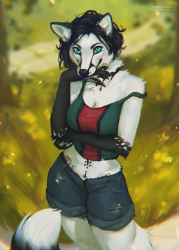 anthro black_body black_fur black_hair black_nose blue_bottomwear blue_clothing blue_eyes blue_pants blurred_background bottomwear clothed clothing eyelashes female fur glistening glistening_eyes green_clothing green_topwear hair logo looking_at_viewer messy_hair mouth_closed outside pants red_clothing red_topwear short_hair solo standing topwear white_body white_fur lostgoose cana_de_lone canid mammal 2022 artist_logo dated hi_res portrait three-quarter_portrait