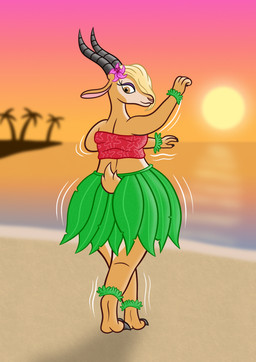 anthro beach clothing dancing detailed_background female female_anthro flower_on_head grass_skirt hula leaf_anklet leaf_bracelet looking_at_viewer looking_back looking_back_at_viewer motion_lines outside rear_view sand seaside solo standing sunset thick_thighs topwear tube_top water sharkinwaves disney zootopia gazelle_(zootopia) antelope bovid gazelle mammal english_description hi_res