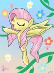 abstract_background chest_tuft cutie_mark eyelashes eyes_closed feathered_wings feathers female feral flower fur hair long_hair long_tail open_mouth open_smile pink_hair pink_tail plant singing smile solo tail tuft wings yellow_body yellow_feathers yellow_fur notadeliciouspotato friendship_is_magic hasbro my_little_pony mythology fluttershy_(mlp) arthropod butterfly equid equine insect lepidopteran mammal mythological_creature mythological_equine pegasus digital_media_(artwork) hi_res