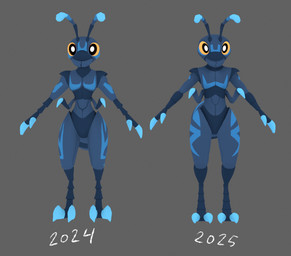 2_toes 3_fingers antennae_(anatomy) anthro arm_markings biped black_eyes blue_body chest_markings comparison facial_markings feet fingers grey_background head_markings leg_markings male markings multicolored_antennae pupils simple_background solo standing toes white_pupils yellow_sclera eekanant eek_(eekanant) ant arthropod hymenopteran insect 2024 2025 3d_(artwork) digital_media_(artwork)