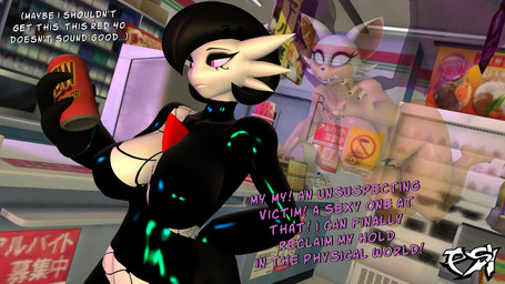 anthro big_breasts black_body black_clothing black_hair black_latex breasts chest_tattoo clothed clothed_female clothed_humanoid clothing dialogue duo female hair latex latex_clothing multicolored_body nude nude_anthro nude_female red_eyes supermarket tattoo text two_tone_body white_body white_hair wings psikokinetic warfaremachine_(modeler) nintendo pokemon sega sonic_the_hedgehog_(series) asura_(psikokinetic) rouge_the_bat warfare_rouge bat gardevoir generation_3_pokemon ghost humanoid mammal pokemon_(species) spirit 16:9 2024 3d_(artwork) 4k absurd_res digital_media_(artwork) english_text hi_res source_filmmaker_(artwork) widescreen