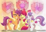 bodily_fluids cutie_mark feathered_wings feathers female feral group happy horn hug orange_body orange_feathers simple_background tears white_background wings young young_feral dvixie friendship_is_magic hasbro my_little_pony mythology apple_bloom_(mlp) cutie_mark_crusaders_(mlp) scootaloo_(mlp) sweetie_belle_(mlp) earth_pony equid equine horse mammal mythological_creature mythological_equine pegasus pony unicorn 2015