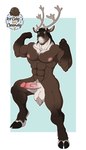 abs anthro antlers balls big_balls big_penis erection flexing genitals green_eyes horn male muscular muscular_anthro muscular_male nipples pecs penis pose smile solo standing tuft 1ceberg deer mammal new_world_deer reindeer absurd_res hi_res