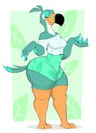 anthro beak breasts clothed clothing feathers female fingers green_body green_feathers looking_at_viewer multicolored_body narrowed_eyes non-mammal_breasts orange_body small_waist solo standing thick_thighs tight_clothing topwear white_body white_feathers wide_hips usnarbit avian bird toucan 2024 full-length_portrait hi_res portrait