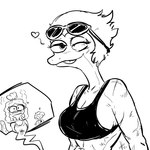 anthro bikini blep blush breasts cleavage clothed clothing eyewear eyewear_on_head female flustered one_eye_closed question_mark scar seductive sunglasses sunglasses_on_head swimwear tongue tongue_out two-piece_swimsuit wink thedarkzircon amphibia_(series) disney general_yunan lady_olivia marcy_wu amphibian newt salamander 1:1 2021 black_and_white monochrome