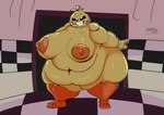 anthro beakless belly belly_rolls big_belly big_breasts breasts chubby_cheeks fat_rolls female leg_rolls looking_at_viewer machine nipples non-mammal_nipples nude obese obese_anthro obese_female orange_nipples overweight overweight_anthro overweight_female smile solo thick_thighs yellow_body weirdocat five_nights_at_freddy's five_nights_at_freddy's_2 scottgames toy_chica_(fnaf) animatronic avian bird chicken galliform gallus_(genus) phasianid robot 2024 digital_drawing_(artwork) digital_media_(artwork) hi_res