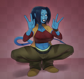 3_fingers arm_warmers armwear big_breasts biped black_eyebrows black_lips blue_body blue_hair blue_skin blue_tail bottomwear breasts checkered checkered_background clothed clothed_female clothed_humanoid clothing crop_top crossgender crouching curvy_figure dark_hair exposure_variation eyebrows feet female female_humanoid fingers footwear front_view fully_clothed fully_clothed_female fully_clothed_humanoid gradient_background green_bottomwear green_clothing green_pants grin grinning_at_viewer hair humanoid_pointy_ears jacket lips long_fingers long_tail looking_at_viewer medium_hair midriff monotone_body monotone_hair monotone_skin mtf_crossgender navel nipple_outline not_furry one_eye_closed pants pattern_background pink_background pointy_ears pose raised_hands red_clothing red_crop_top red_shirt red_topwear shadow shirt shoes simple_background smile smiling_at_viewer solo spade_tail spread_legs spreading straight_hair tail topwear v-neck v-neck_shirt vest white_eyes white_sclera wide_hipped_female wide_hipped_humanoid wide_hips wink winking_at_viewer yellow_clothing yellow_footwear yellow_shoes yellow_topwear yellow_vest derek_hetrick marvel x-men x-men_evolution nightcrawler humanoid mutant_(x-men) tailed_humanoid 2021 full-length_portrait pinup portrait