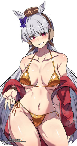 big_breasts bikini blush breasts clothing collarbone eyebrow_through_hair eyebrows eyelashes female glistening glistening_body glistening_breasts glistening_skin gold_bikini grey_hair hair hat headgear headwear jacket looking_at_viewer navel red_eyes side-tie_bikini smile solo string_bikini swimwear topwear translucent translucent_hair two-piece_swimsuit wide_hips princess_hinghoi cygames golden_week uma_musume_pretty_derby gold_ship_(pretty_derby) animal_humanoid equid equid_humanoid equine equine_humanoid horse_humanoid humanoid mammal mammal_humanoid 2026 hi_res