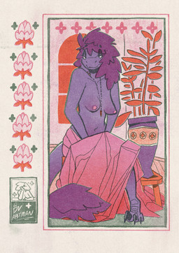 3_toes anthro beaded_jewelry beaded_necklace beads border breasts claws clothed clothing detailed_background eyelashes eyeshadow feather_hair feathered_crest feathered_tail feathers feet female furniture half-closed_eyes head_crest inside jewelry linocut_(artwork) makeup medium_breasts narrowed_eyes navel necklace nipples non-mammal_breasts non-mammal_navel non-mammal_nipples pink_border pink_nipples plant pseudo_hair purple_body purple_feathers purple_scales scales sitting table tail toe_claws toes topless topless_anthro topless_female vase window deltav rebecca_(deltav) dinosaur dromaeosaurid feathered_dinosaur feathered_scalie prehistoric_species reptile saurischian scalie theropod velociraptor 2026 digital_media_(artwork) digital_painting_(artwork) full-length_portrait hi_res painting_(artwork) portrait signature