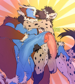 abstract_background anthro anthro_on_anthro armpit_hair ball_tuft balls beak beard big_penis black_beard black_claws black_facial_hair black_hair black_nose blue_body blue_penis body_hair brown_body chest_hair claws docking duo erection eyes_closed eyewear facial_hair fangs finger_claws foreskin french_kissing fur genitals glans glasses hair huge_penis humanoid_genitalia humanoid_penis kissing male male/male nipples nude open_mouth orange_eyes penile penis pink_nipples pink_penis pink_tongue pubes red_glans sex short_hair spotted_arms spotted_legs spotted_shoulders tan_balls tan_body tan_fur teeth text tongue tuft 0ct0m0n0 avian bird hyena mammal owl artist_name hi_res
