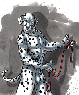 abstract_background animal_genitalia anthro balls black_spots claws collar finger_claws floppy_ears fully_sheathed fur genitals green_eyes holding_collar holding_leash holding_object leash looking_at_viewer male nude nude_anthro nude_male pawpads sheath solo spots tail white_body white_fur blotch scratches_volume_4 canid canine canis dalmatian domestic_dog mammal 2010 hi_res portrait three-quarter_portrait traditional_media_(artwork)