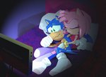 anthro bed blue_body blue_fur bodily_fluids bracelet clothing crying duo electronics eyes_closed female footwear fur furniture gloves green_eyes handwear hug jewelry lying male male/female pillow pink_body pink_fur sad socks tears television thin_calves thin_legs thin_thighs watching_movie sanicbaddie sega sonic_the_hedgehog_(series) amy_rose sonic_the_hedgehog eulipotyphlan hedgehog mammal 2020 aliasing digital_media_(artwork) hi_res watermark