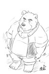 anthro biped bottomwear clothing feet kemono male overweight overweight_male pants shirt solo topwear tail_person morenatsu juuichi_mikazuki bear mammal 2024 hi_res monochrome