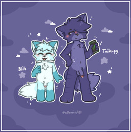 anthro balls blep blush bodily_fluids duo flaccid fur genital_fluids genitals male penis precum tongue tongue_out young zdenis monster_energy blits_the_snowfox taikupy_(character) canid canine domestic_cat felid feline felis fox mammal