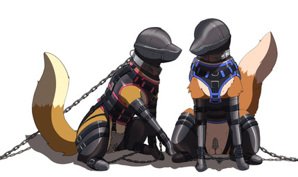 balls bdsm bound chain chain_leash chained chastity_belt chastity_cage chastity_device clothing collar countershading duo electric_collar female feral forced fur genitals handwear harness headgear headwear hood latex latex_clothing latex_handwear latex_headwear latex_hood latex_legwear leash leg_cuffs legwear machine male orange_body orange_fur sensory_deprivation_hood shadow shock_collar simple_background sitting tail white_body white_fur fadingsky altair_(altair2056) canid canine fox mammal absurd_res digital_media_(artwork) hi_res