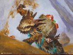 ambiguous_gender basket basket_on_back container copyright_symbol digging feral gem horn sky solo symbol text white_text eric_velhagen hasbro magic:_the_gathering wizards_of_the_coast lizard reptile scalie 2022 4:3 artist_name official_art traditional_media_(artwork)