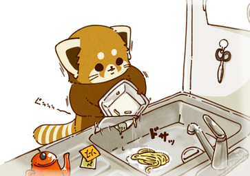 biped black_eyes black_nose brown_body chibi detailed_background dot_eyes feral food kemono simple_eyes solo surprised text shi_nominmin ailurid mammal red_panda 2023 hi_res japanese_text