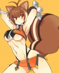 ahoge big_breasts blush bottomwear breasts brown_hair clothing club_(weapon) cross dual_wielding female hair hands_behind_head holding_object holding_weapon looking_at_viewer melee_weapon miniskirt navel orange_eyes red_eyes simple_background skirt solo squirrel_tail under_boob weapon yellow_background oyatsu arc_system_works blazblue makoto_nanaya animal_humanoid humanoid mammal mammal_humanoid rodent rodent_humanoid sciurid sciurid_humanoid tree_squirrel_humanoid 2013