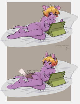 adolescent anthro bangs barefoot bed bent_leg biped butt butt_grab casual_nudity disembodied_hand drawing_tablet duo feet fur furniture hair hand_on_butt heterochromia indoor_nudity inside kemono lying male male_anthro nude nude_anthro nude_male on_bed on_side onomatopoeia orange_hair plantigrade pose purple_body purple_fur short_hair solo_focus sound_effects text three-quarter_view young young_anthro young_male strayrozerem roze_(strayrozerem) ambiguous_species domestic_cat felid feline felis mammal 2025 artist_name comic digital_drawing_(artwork) digital_media_(artwork) english_text full-length_portrait handwritten_text hi_res portrait