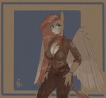 anthro big_breasts breasts cleavage clothed clothing ear_piercing feathered_wings feathers female hair looking_at_viewer piercing scarf simple_background smile solo tail topwear wings stray_prey hasbro my_little_pony mythology fan_character wild_spice_(oc) equid equine horse mammal mythological_creature mythological_equine pegasus pony 2024 digital_media_(artwork) hi_res