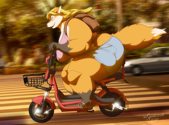 anthro backpack bicycle big_breasts blonde_hair bottomwear breasts car clothing ebike female footwear hair open_mouth overweight overweight_anthro overweight_female road sandals shoes shorts solo text thick_thighs topwear vehicle xxsparcoxx michelle_(xxsparcoxx) canid canine fox mammal 2021 artist_name