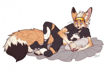 anthro book bottomwear clothed clothing ear_piercing ear_tuft eyewear eyewear_on_head fluffy fluffy_tail glasses glasses_on_head hair legwear lying male on_side piercing pillow reading reading_book shirt shorts solo t-shirt tail topwear tuft tatujapa kt_(ktqtpi) canid canine fennec_fox fox mammal true_fox 2024 digital_media_(artwork) hi_res