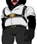 anthro black_body black_fur bodily_fluids bulge clothing dress_shirt drooling fur harness leather male muscular muscular_anthro muscular_male pecs saliva shirt solo tight_clothing tongue topwear nemhippie cartoon_network mao_mao:_heroes_of_pure_heart sheriff_mao_mao_mao domestic_cat felid feline felis mammal hi_res