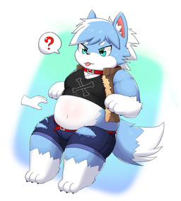 anthro belt clothing disembodied_hand eyebrows fur gloves_(marking) inner_ear_fluff jacket leash male markings multicolored_body multicolored_fur navel overweight overweight_male partially_covered_belly question_mark simple_background solo tail tongue tongue_out topwear tuft skyox tribal_hunter alpha_wolf_(tribal_hunter) canid canine canis mammal wolf