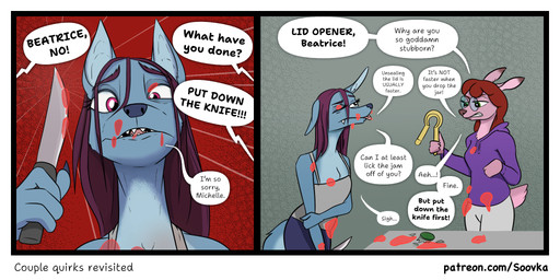 anthro blue_body clothed clothing comic_panel dialogue duo female hair kitchen knife_play messy_fur misleading_thumbnail purple_hair speech_bubble text soovka beatrice_(soovka) michelle_(soovka) canid canine canis deer jackal mammal 2:1 comic english_text hi_res url