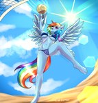 anthro beachwear bikini camel_toe clothing female solo swimwear two-piece_swimsuit wings caliluminos friendship_is_magic hasbro my_little_pony mythology rainbow_dash_(mlp) equid equine horse mammal mythological_creature mythological_equine pegasus pony absurd_res hi_res