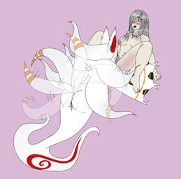 9_tails anthro big_breasts blush bodily_fluids body_blush breasts cunnilingus deneb_(bravely_default_series) duo ear_blush facial_markings female female/female fur fur_markings genital_fluids genitals grey_eyes grey_hair hair head_markings jewelry leaning leaning_backward legless long_sleeves markings multi_tail necklace nipples oral pubes sex tail tail_motion tailwag vaginal vulva vulva_blush white_body white_fur eeveeextreme asian_mythology east_asian_mythology japanese_mythology mythology yoko_(bravely_second) animal_humanoid canid canid_humanoid canine canine_humanoid fox fox_humanoid fox_spirit human humanoid mammal mammal_humanoid yokai hi_res