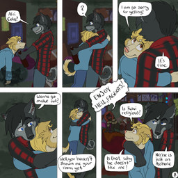 6_panel_comic anthro arm_over_shoulder black_body black_hair blonde_hair blue_eyes bottomwear broken_window brown_eyes cigarette cigarette_in_mouth clothed clothing dialogue eye_contact flannel_shirt fur grey_body grey_fur group hair homophobic_slur hoodie hug inside logo looking_at_another male object_in_mouth offering_beverage page_number pants profanity question_mark red_hair sharp_teeth smile speech_bubble sweater tail teeth text toothy_grin topwear trio yellow_body yellow_fur kriek_wildebeest jeremy_(kriek_wildebeest) ravi_(kriek_wildebeest) tom_(kriek_wildebeest) border_collie canid canine canis collie domestic_dog herding_dog husky hybrid mammal nordic_sled_dog pastoral_dog portuguese_water_dog sheepdog spitz wolf 1:1 artist_logo comic english_text hi_res multiple_scenes