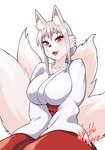 anthro asian_clothing bottomwear breasts clothed clothing east_asian_clothing female female_anthro fur grey_hair hair hakama haori japanese_clothing kemono multi_tail solo tail white_body white_fur horishin tamamo-chan's_a_fox tenko_fushimi canid canine fox mammal 2018 hi_res