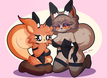 anthro black_clothing blush bunny_costume clothed clothed_anthro clothed_female clothing costume duo eyewear female fluffy fluffy_tail glasses gloves handwear tail kl_klpz domestic_cat felid feline felis mammal rodent sciurid tree_squirrel hi_res