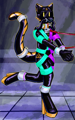 ambiguous_gender anthro bdsm biohazard_symbol black_body clothing collar cuff_(restraint) floor footwear harness hazard_symbol high_heels latex latex_clothing latex_skinsuit leash leashed_collar lock restraints shoes skinsuit solo spiked_collar spikes stripes symbol tight_clothing tile tile_floor tube visor yellow_stripes mossky felid feline mammal 5:8 aliasing digital_media_(artwork) hi_res