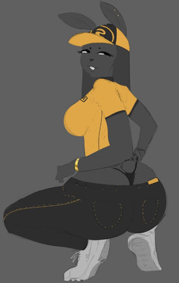 anthro black_body black_bottomwear black_clothing black_fur black_panties black_pants black_underwear bottomwear bracelet breath buckteeth butt butt_focus clothing ear_piercing eyeliner female footwear fur hair half-closed_eyes hat headgear headwear jewelry long_hair looking_back makeup narrowed_eyes panties panting pants piercing rear_view scut_tail shoes short_tail solo tail teeth underwear white_clothing white_footwear white_shoes mamasoyanini nike lagomorph leporid mammal rabbit colored_sketch sketch