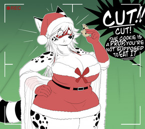 anthro big_breasts biped breasts camera_view cleavage clothed clothed_anthro clothed_female clothing cookie costume dialogue duo female female_anthro food gloves green_background hair handwear holidays huge_breasts long_hair markings offscreen_character santa_costume simple_background slightly_chubby speech_bubble spots spotted_body text thick_thighs three-quarter_view white_body wide_hips swatchfodder christmas felid feline mammal serval digital_drawing_(artwork) digital_media_(artwork) english_text flat_colors hi_res restricted_palette